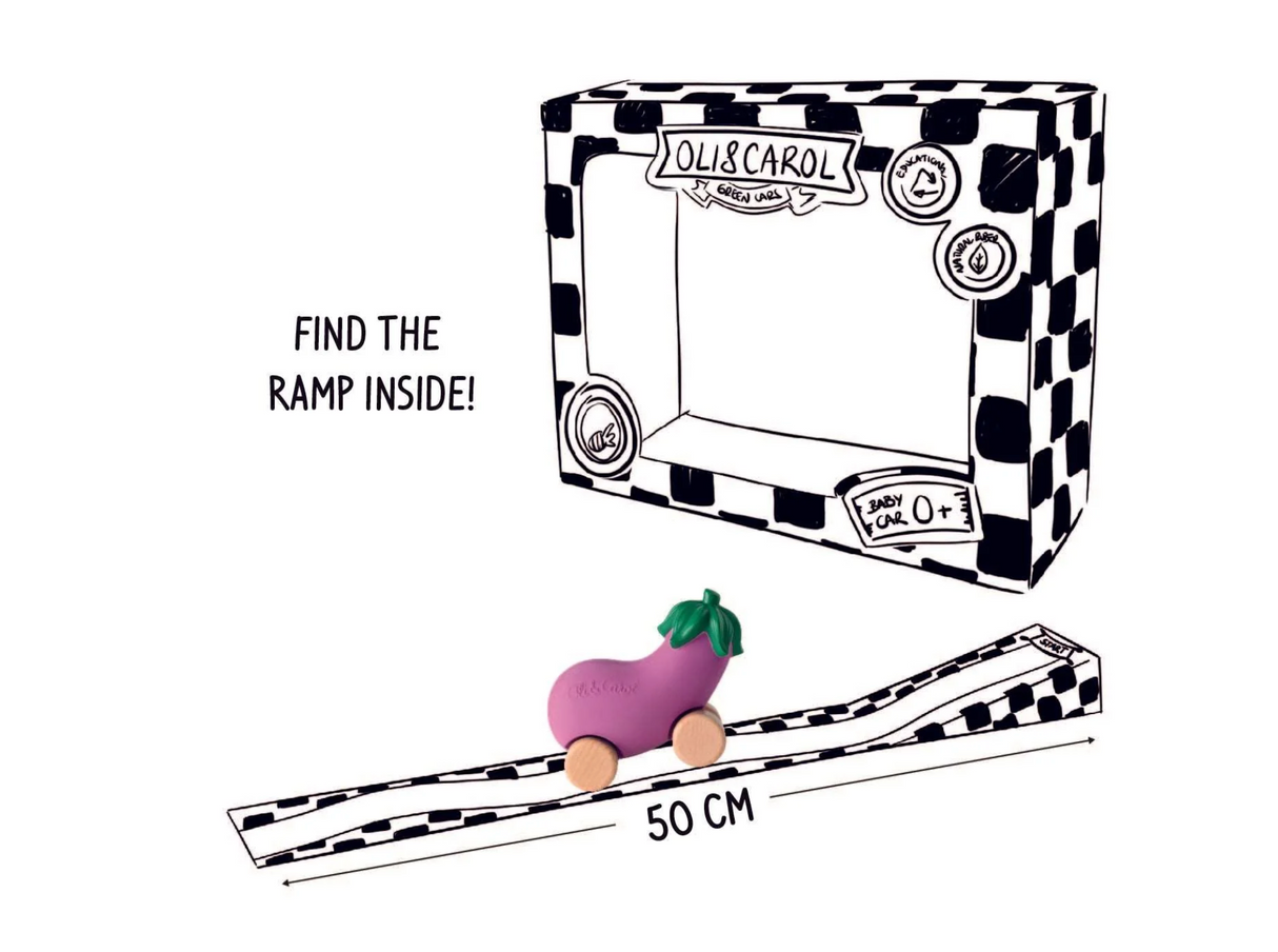 Car | Emma the Eggplant eco-friendly baby car toy with eggplant design and drop-down ramp packaging, 50 cm long.