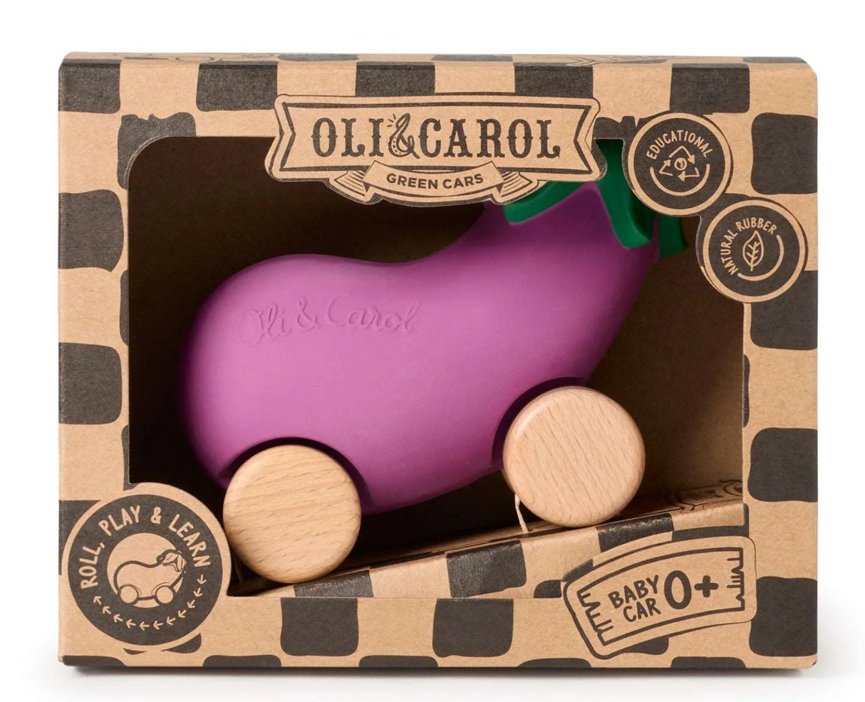 Car | Emma the Eggplant eco-friendly baby car toy made of natural rubber and FSC wood in packaging with ramp.