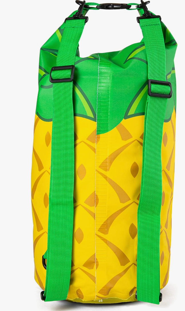 Dry Bag | Pineapple waterproof backpack with adjustable green straps, designed for carrying wet clothes safely.