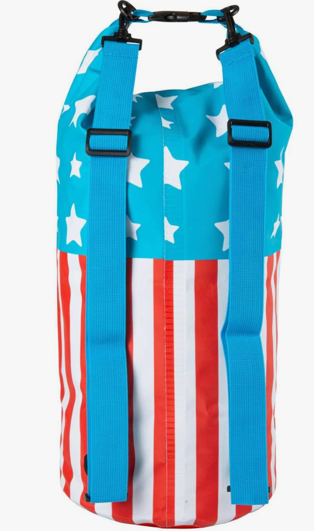 Dry Bag | Americana waterproof backpack with blue straps and stars and stripes design for wet clothes.