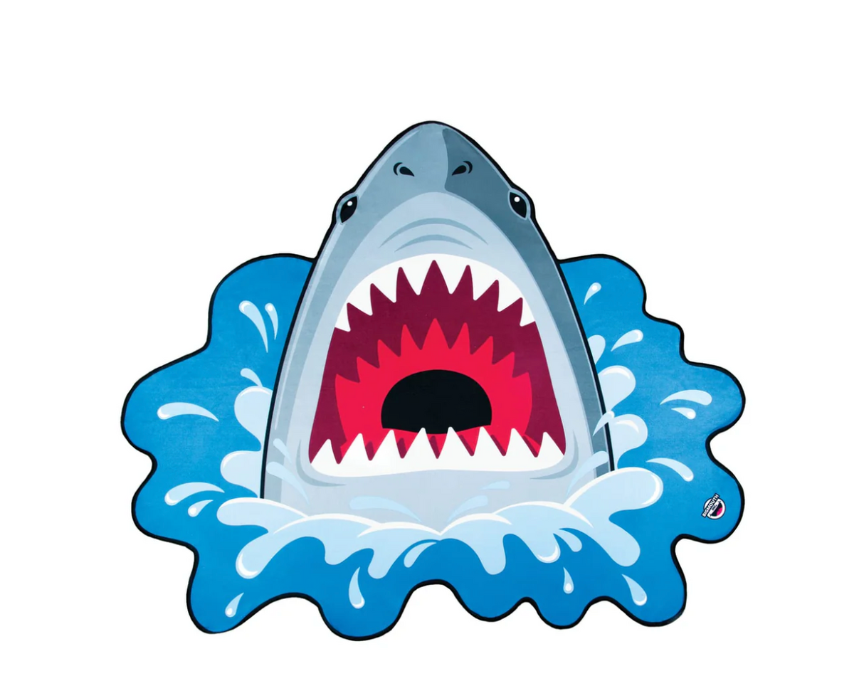 Beach Blanket | Giant Shark shaped like a shark emerging from water with mouth wide open design.