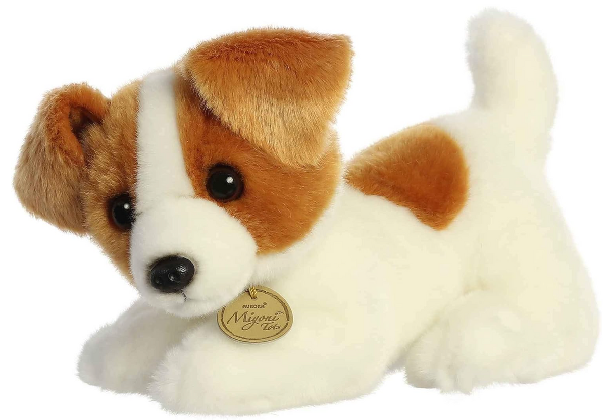 Jack Russell Puppy plush in crouched pose with white and tan fur, realistic and soft Miyoni collectible toy.