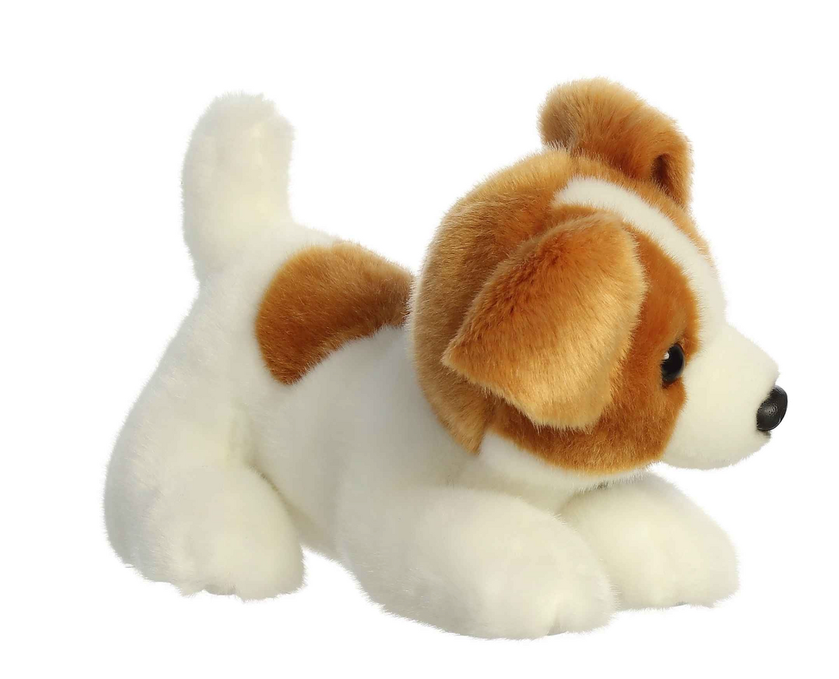 Jack Russell Puppy plush in a crouched pose with white fur and tan spots, soft and hand-stitched for lasting love.