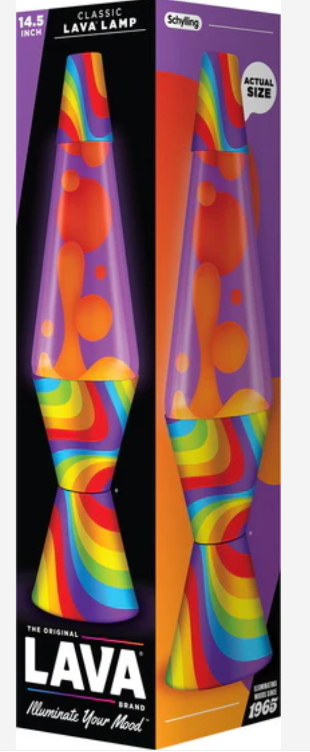 Lava Lamp | Flowing Color Bands with vibrant rainbow base and orange lava motion inside a classic 14.5-inch glass globe.