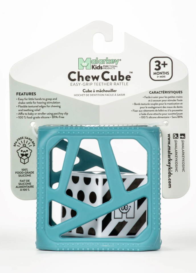 Chew Cube | Turquoise easy-grip teether rattle with flexible edges and BPA-free food-grade silicone for babies 3+ months.