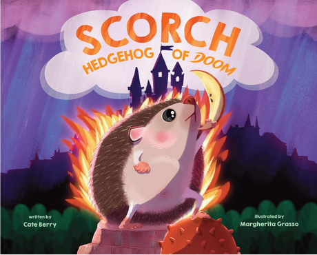 Scorch - Hedgehog of Doom book cover showing a cute hedgehog with a fiery cloak and a determined expression at night.