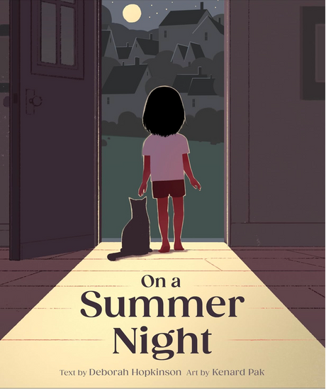 On a Summer Night shows a child and cat standing in a doorway under moonlight, looking out at quiet homes.