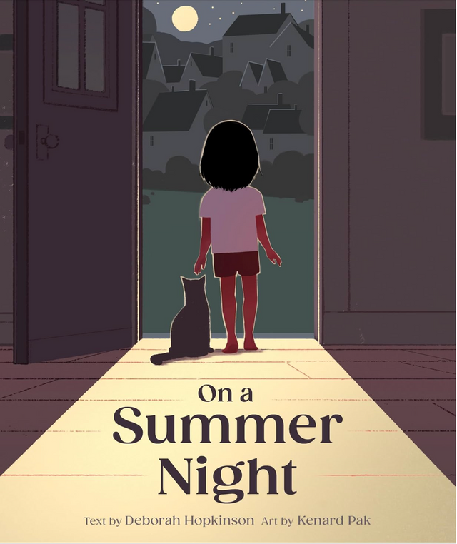 On a Summer Night shows a child and cat standing in a doorway under moonlight, looking out at quiet homes.