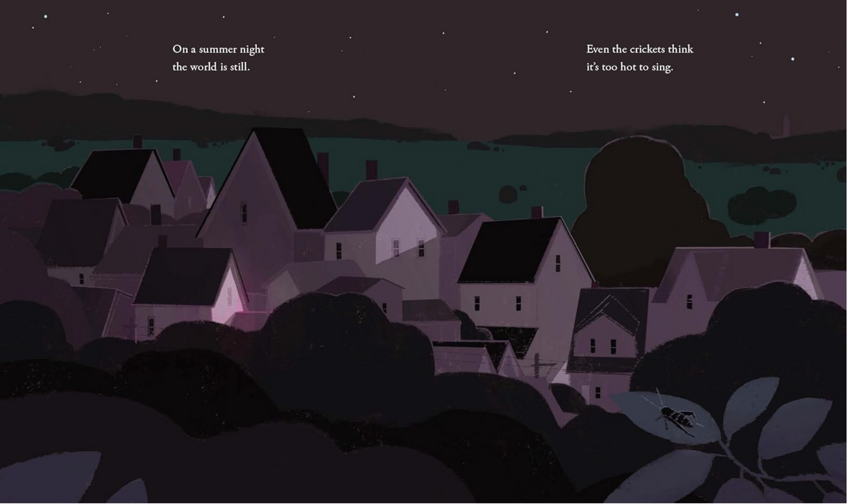 On a Summer Night shows a quiet village at night with soft moonlight and a cricket resting on a leaf.