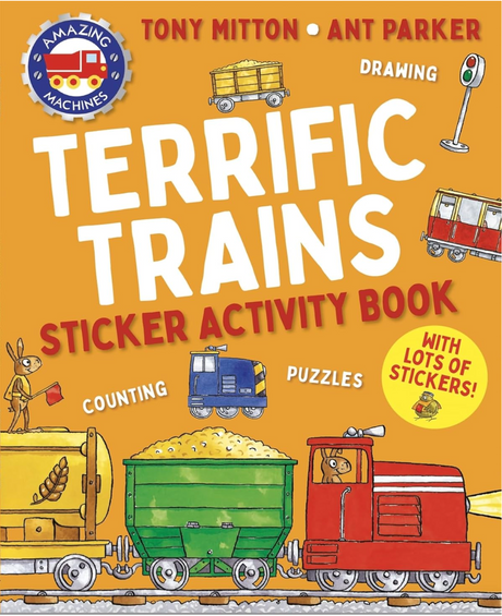 Terrific Trains Sticker Activity Book cover with colorful train illustrations, counting, puzzles, and lots of stickers for kids.