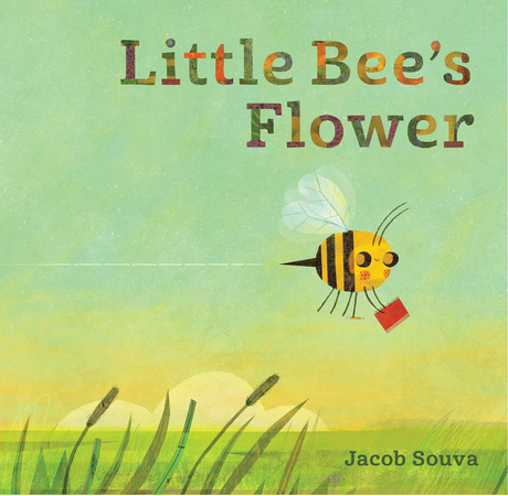 Cover of Little Bee's Flower showing a friendly bee flying over a grassy field with a small red book in its legs.