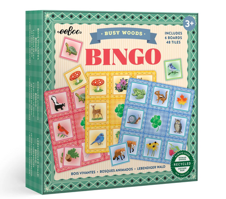 Busy Woods Bingo game box showing woodland-themed bingo boards with illustrated animals and plants for ages 3+