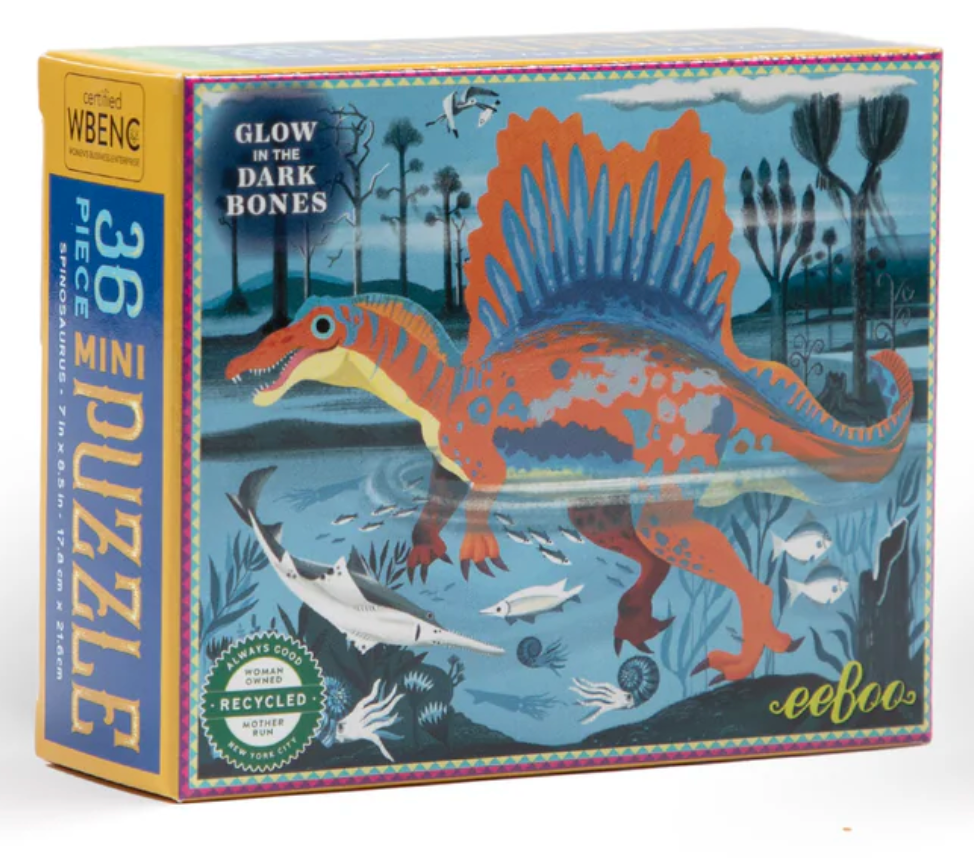 36pc Spinosaurus Mini Puzzle featuring a glow-in-the-dark prehistoric dinosaur with 36 glossy pieces for ages 3 and up.