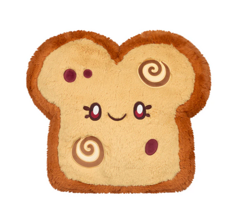 Cinnamon Raisin Toast plush pillow shaped like a smiling slice of toast with cinnamon swirls and raisins.