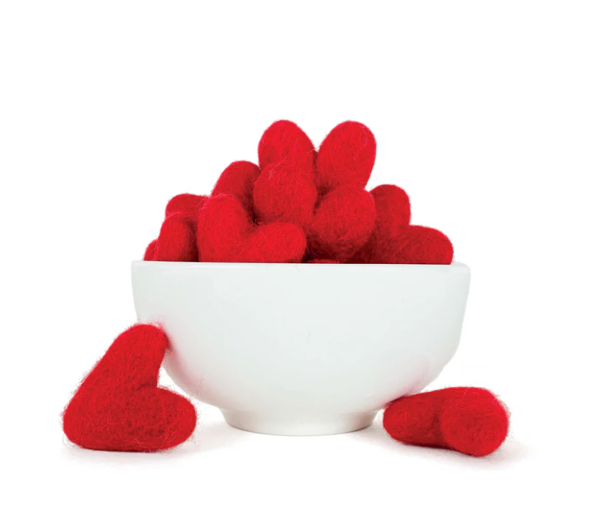 Felt Heart | Red handcrafted wool hearts in a white bowl, perfect for Valentine's Day or sweet decor accents.
