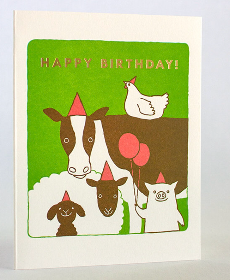 Farm Animals Birthday Card featuring a cow, sheep, pig, and chicken wearing party hats on recycled white paper.