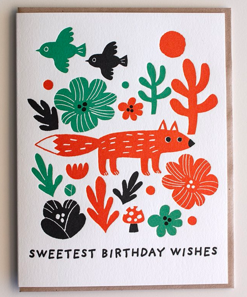 Fox and Flowers Birthday Card featuring a letterpress fox, flowers, birds, and birthday wishes on recycled paper.