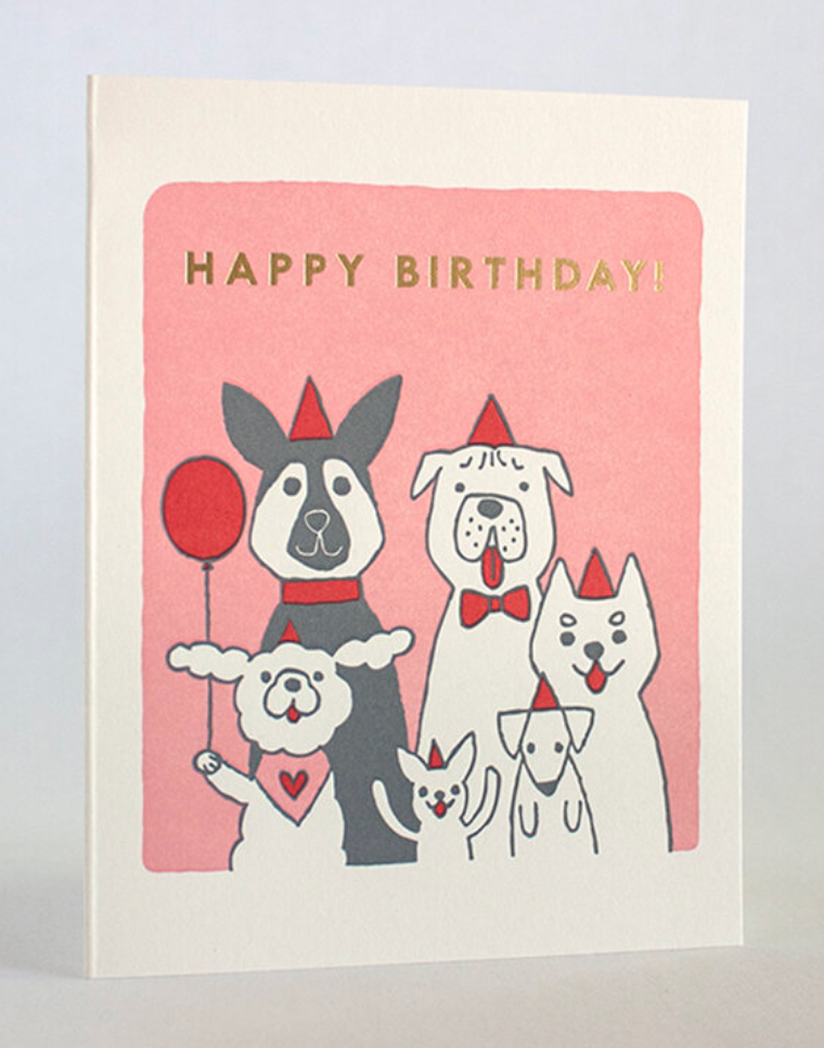 Happy Birthday Dog Squad Card with letterpress dogs wearing party hats on recycled paper with matching envelope.
