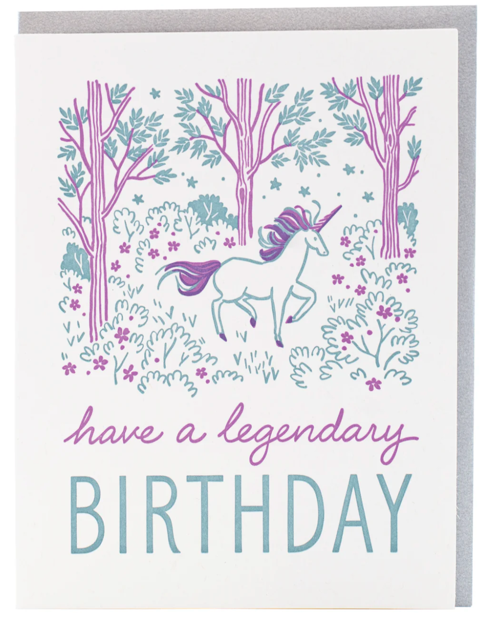 Legendary Unicorn Birthday Card with purple unicorn in whimsical forest and "have a legendary BIRTHDAY" text design.