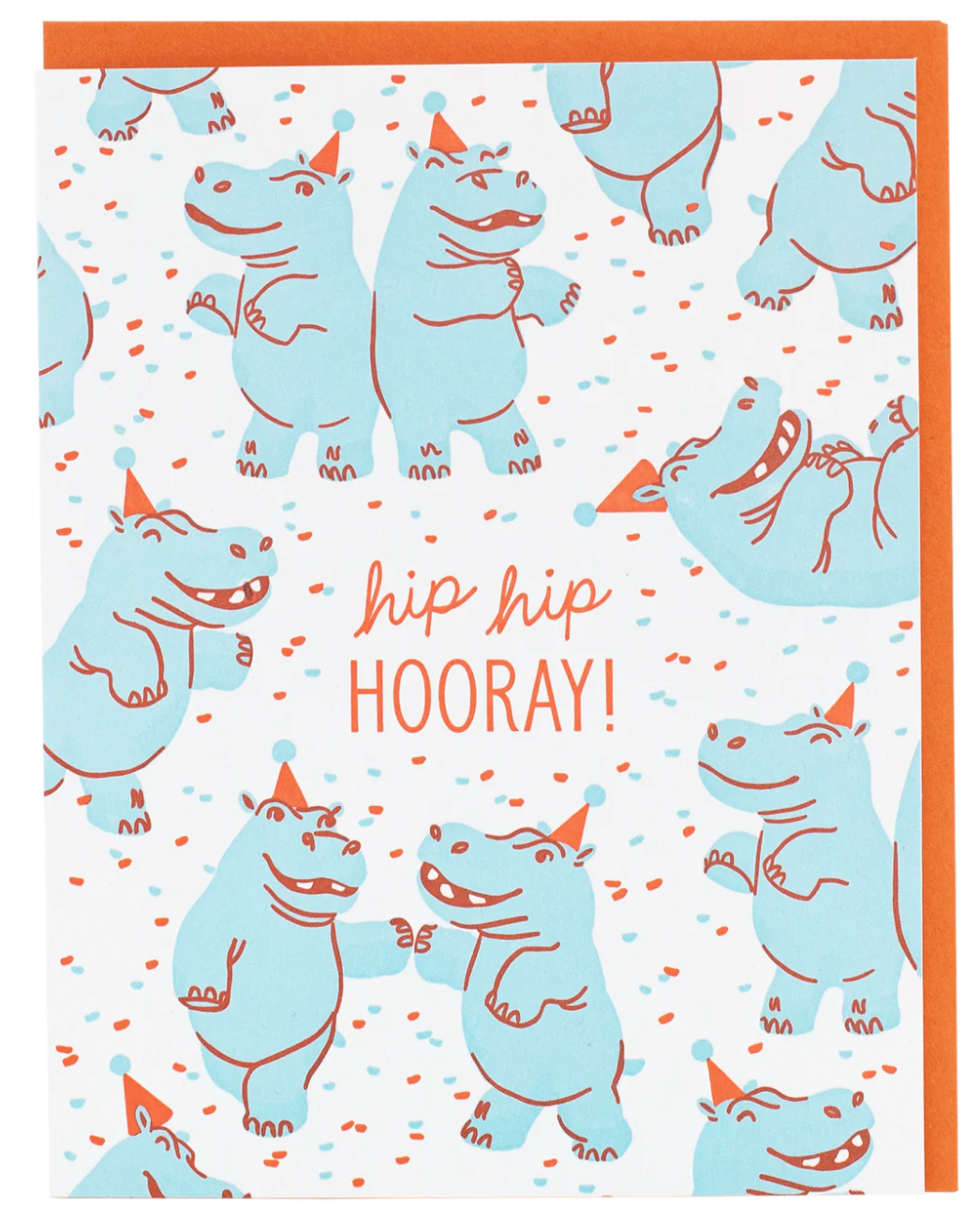 Hippo Dance Party Birthday Card with playful blue hippos wearing party hats and confetti on a white background.