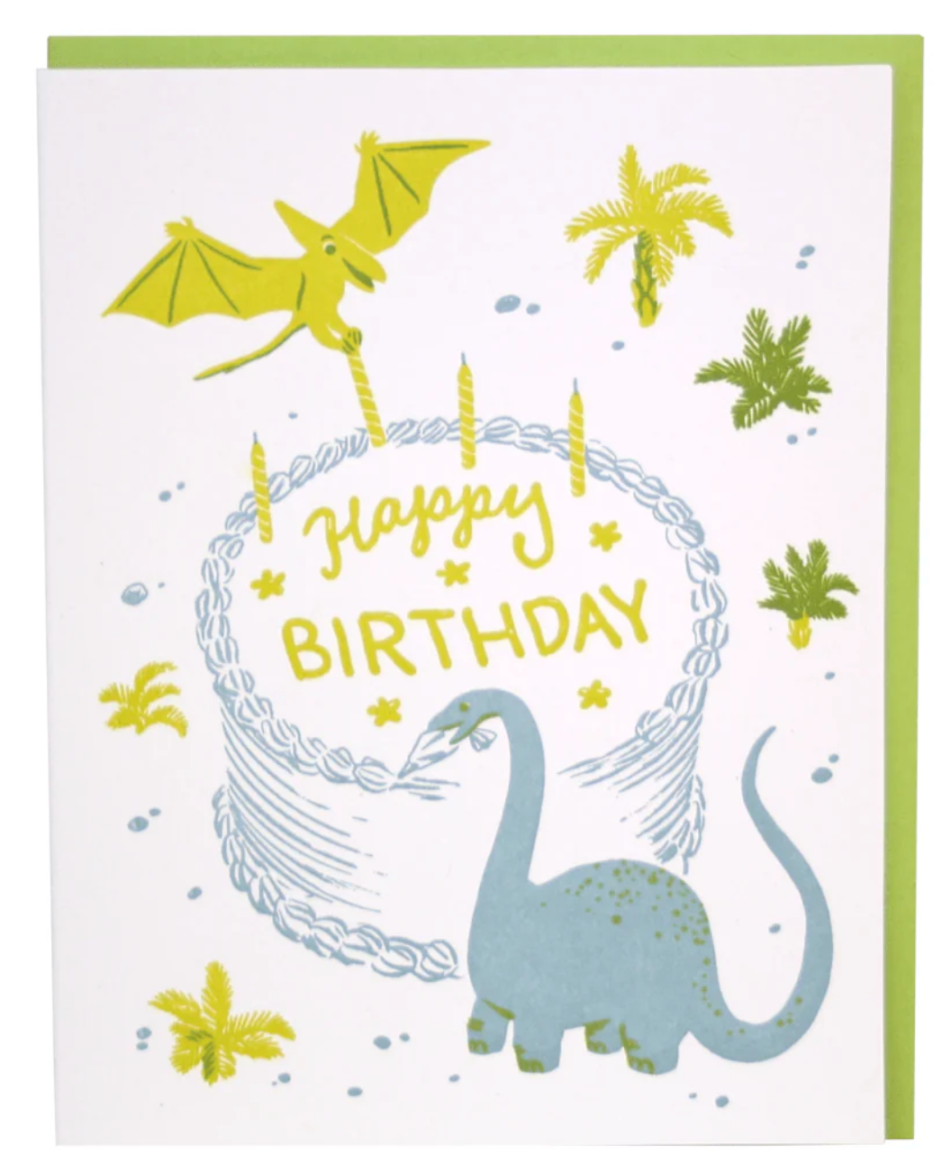 Dino Bakers Birthday Card with dinosaur, cake, and palm tree illustration, blank inside 4.25 x 5.5 inches.