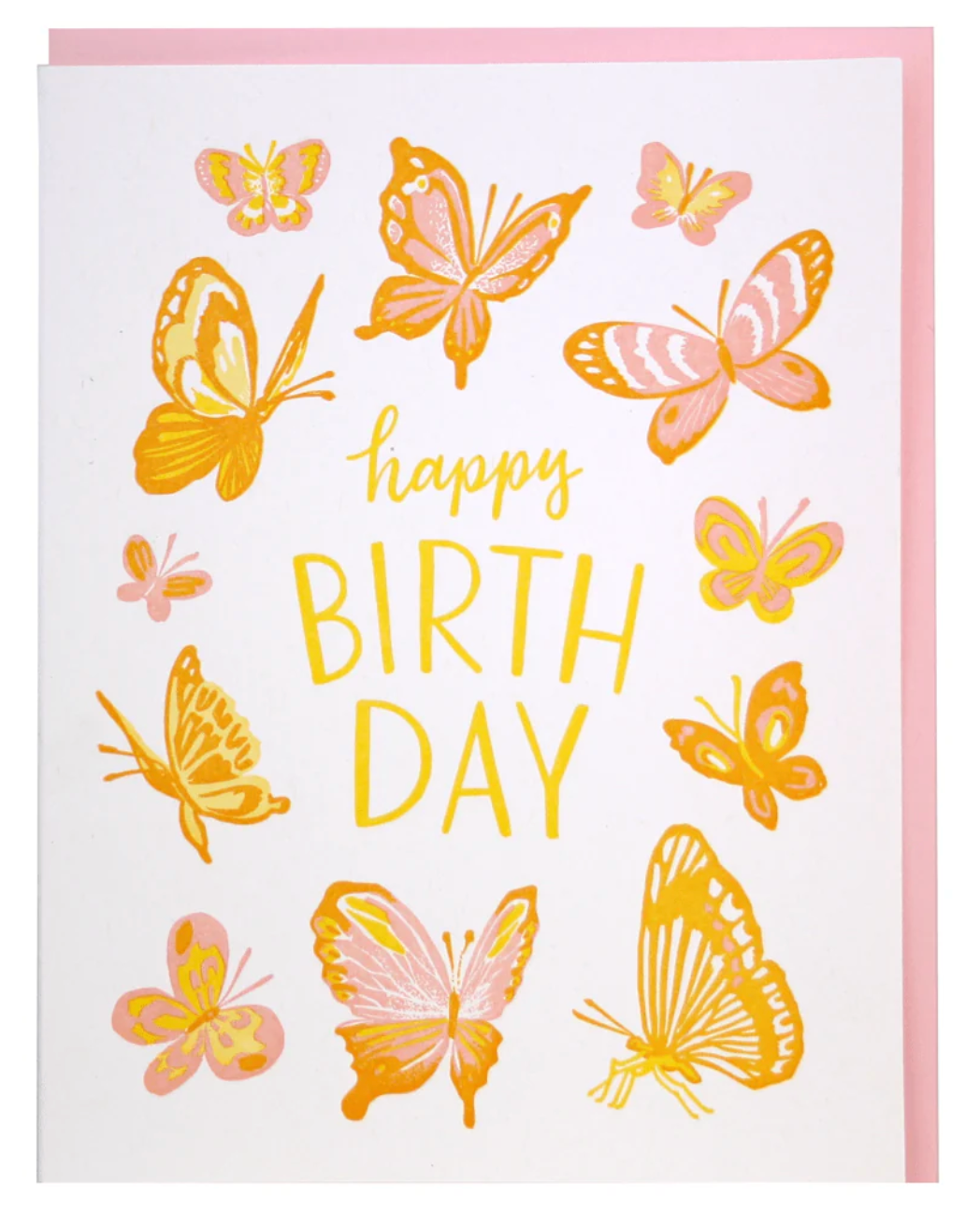 Happy Birthday Butterflies Card with assorted pink, yellow, and orange butterflies forming a wreath around hand-lettered text.