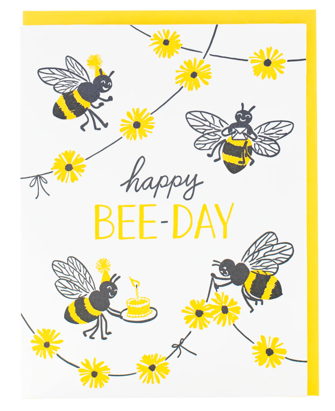 Happy Bee-Day Birthday Card featuring cheerful bees and yellow flowers, blank inside, 4.25 x 5.5 inches folded.
