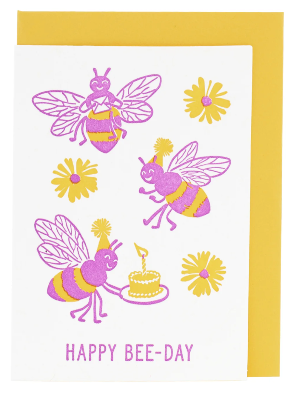 Mini Enclosure Card | Bee Party with cheerful bees, yellow flowers, and a birthday cake illustration on a folded card.