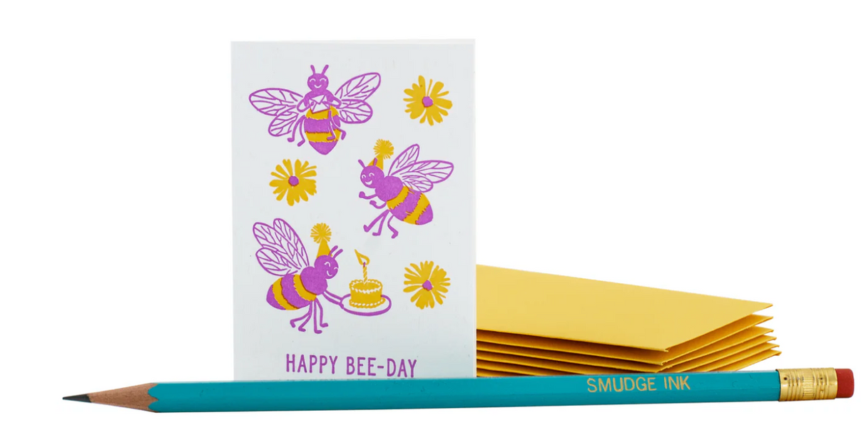 Mini Enclosure Card | Bee Party with cute bees and flowers, blank inside, credit card sized next to pencil and yellow envelopes.