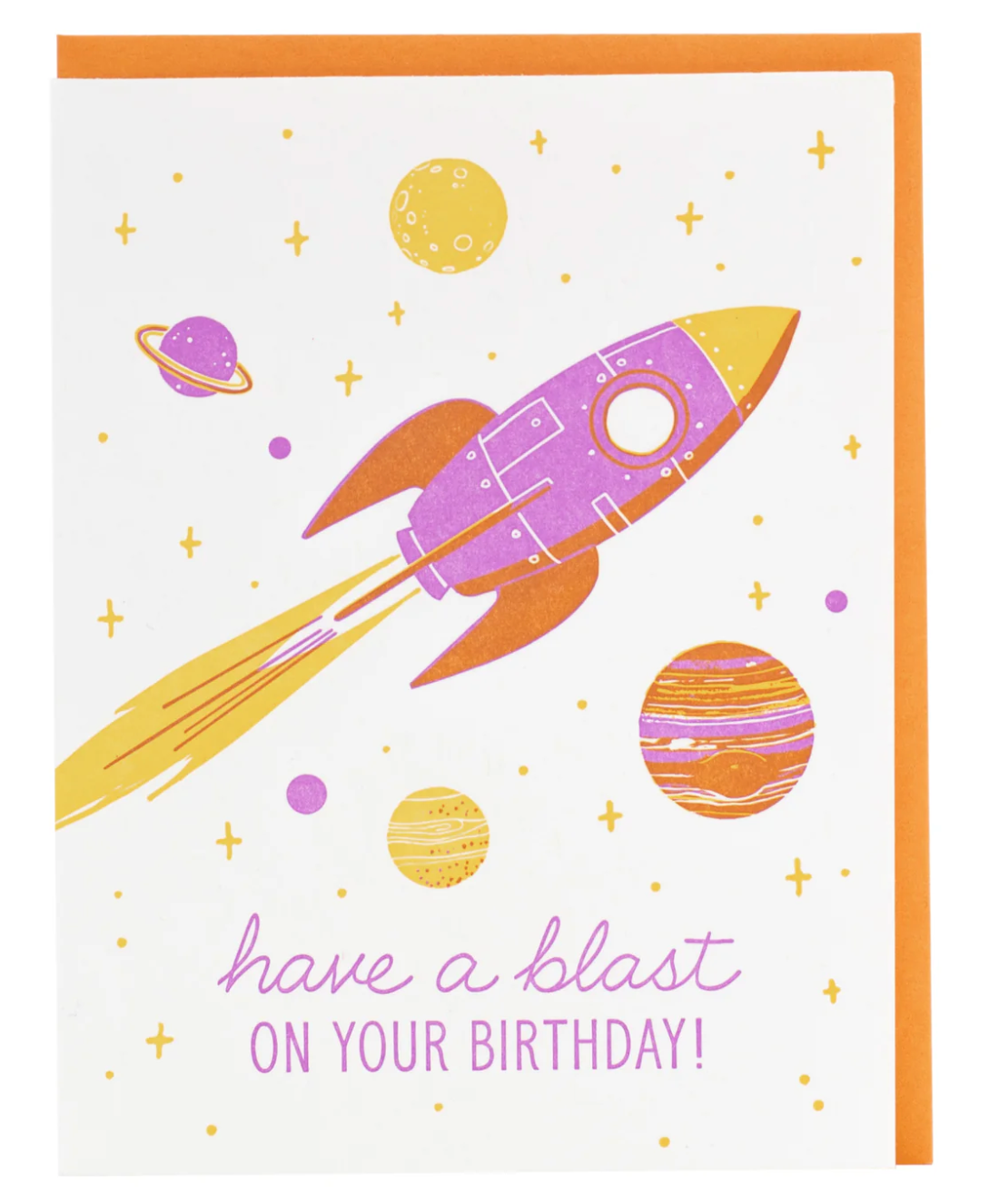 Rocket Ship Birthday Card with colorful rocket and planets illustration, letterpress design, blank inside, with envelope.