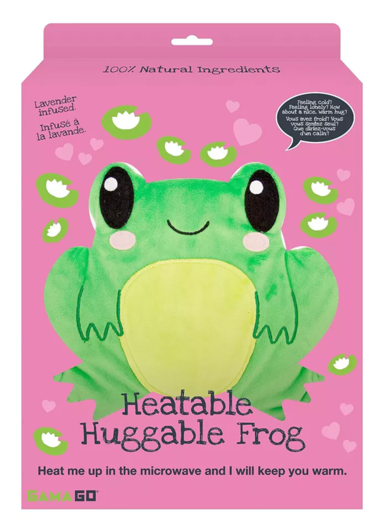 Huggable Heatable Frog microwavable heat pack with lavender scent for soothing warmth and relieving cramps and aches.