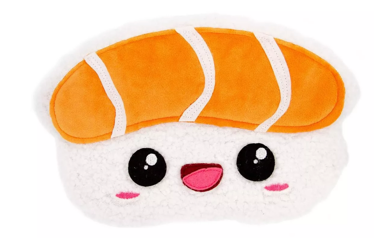 Huggable Heatable Sushi microwavable heat pack shaped like sushi with cute face and soft texture for soothing warmth.