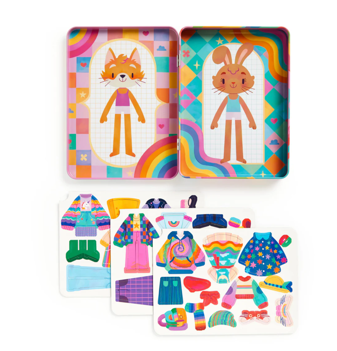 Magnetic Rainbow Fashion Tin with mix and match magnets featuring colorful outfits for fox and bunny characters.