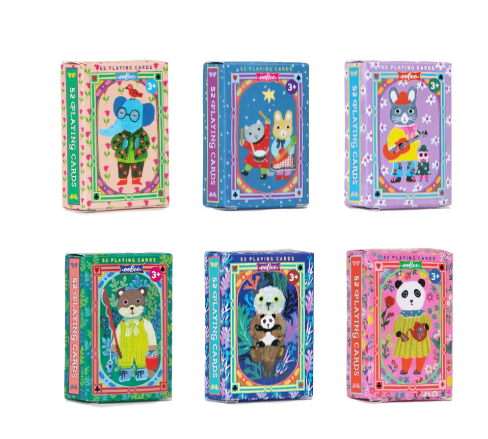 Tiny Playing Cards featuring colorful animal illustrations in small, laminated decks perfect for kids aged 3 and up.
