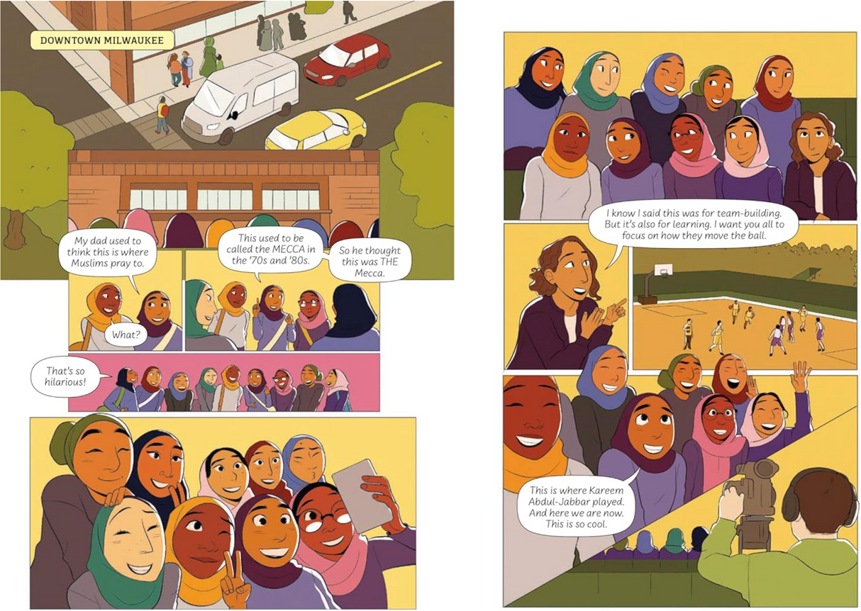 We Are Big Time book pages showing Milwaukee setting and girls learning basketball skills with teamwork and confidence.