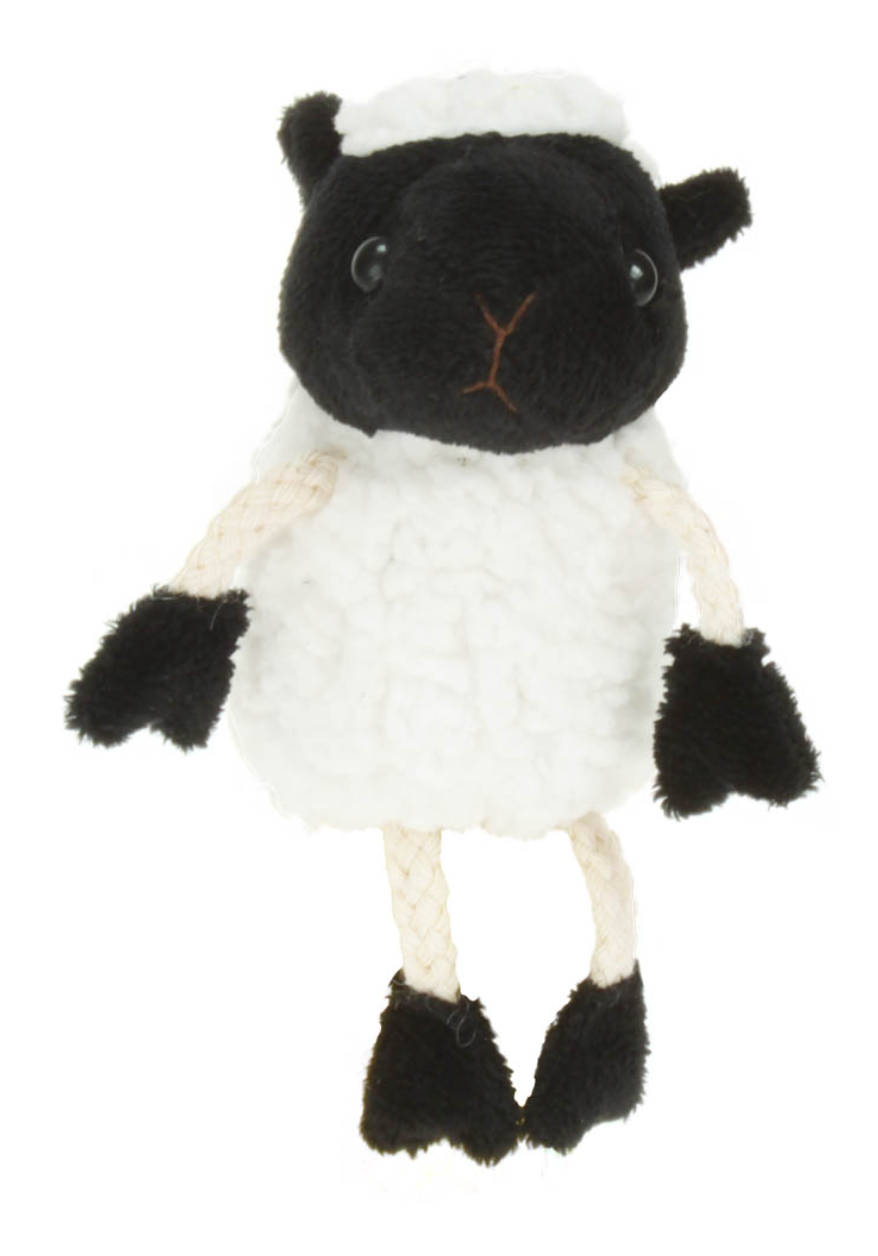 Sheep Finger Puppet with soft fleecy body, black face, and dangly arms and legs for children 12 months and up.