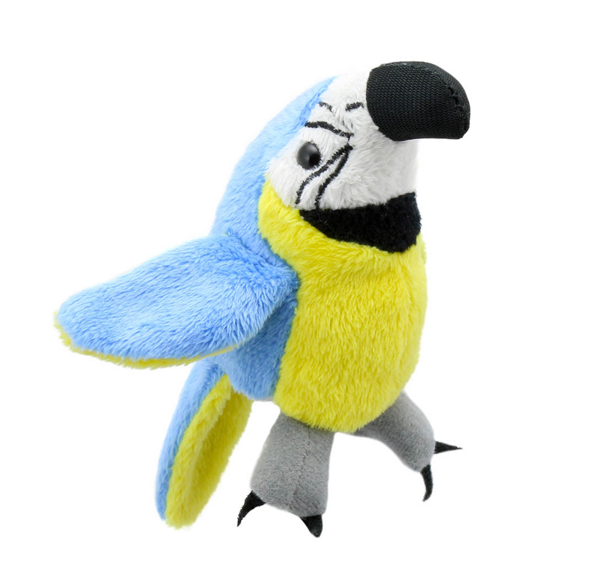 Blue and Gold Macaw Finger Puppet with bright plush feathers, detailed design, perfect for creative play and storytelling.