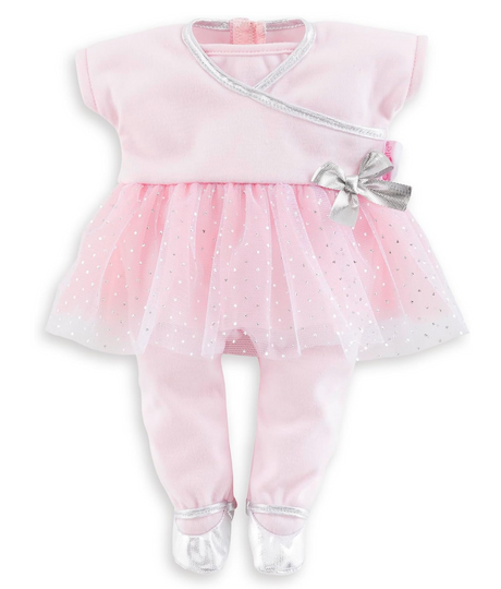 12in Sport Dance Set in soft pink with silver trim and sparkly tulle skirt for 12-inch dolls, easy to put on and take off.