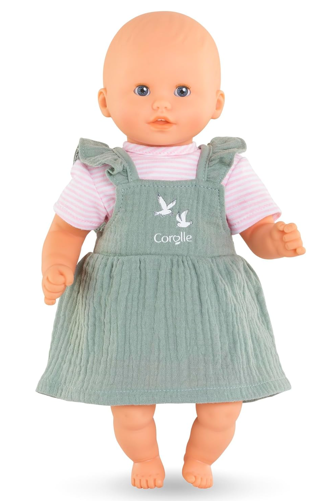 12in Pink Loire Riverside Dress on 12-inch baby doll with ruffle-trim and soft green fabric overall skirt.