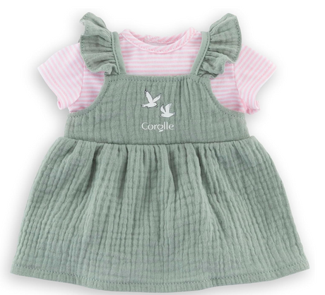 12in Pink Loire Riverside Dress with ruffle-trim pinafore and striped pink T-shirt for 12-inch dolls.