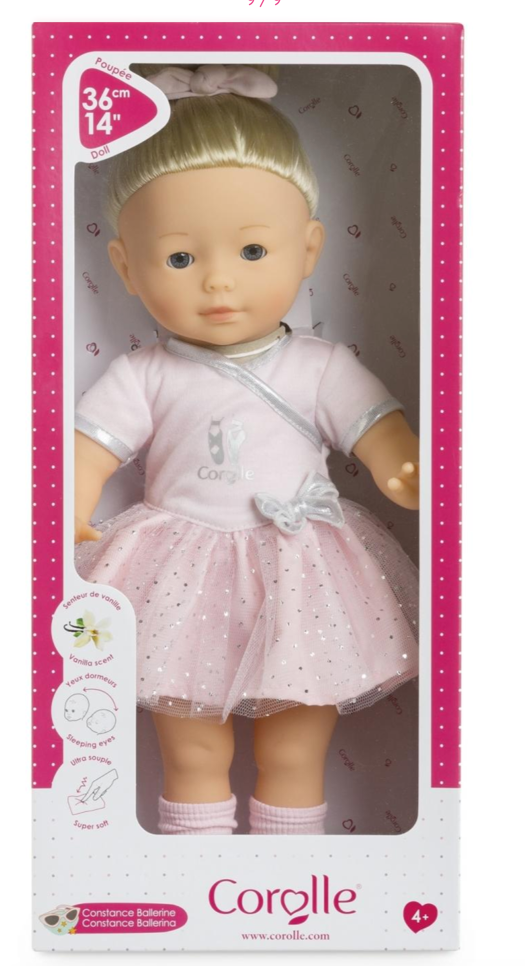 Ma Corolle Constance Ballerina doll in pink tutu with vanilla scent and blue sleeping eyes, perfect for ballet play.