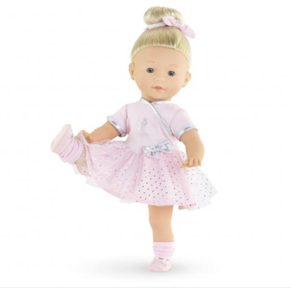 Ma Corolle Constance Ballerina doll in pink ballet outfit with blonde hair in a topknot, blue eyes, posed dancing.
