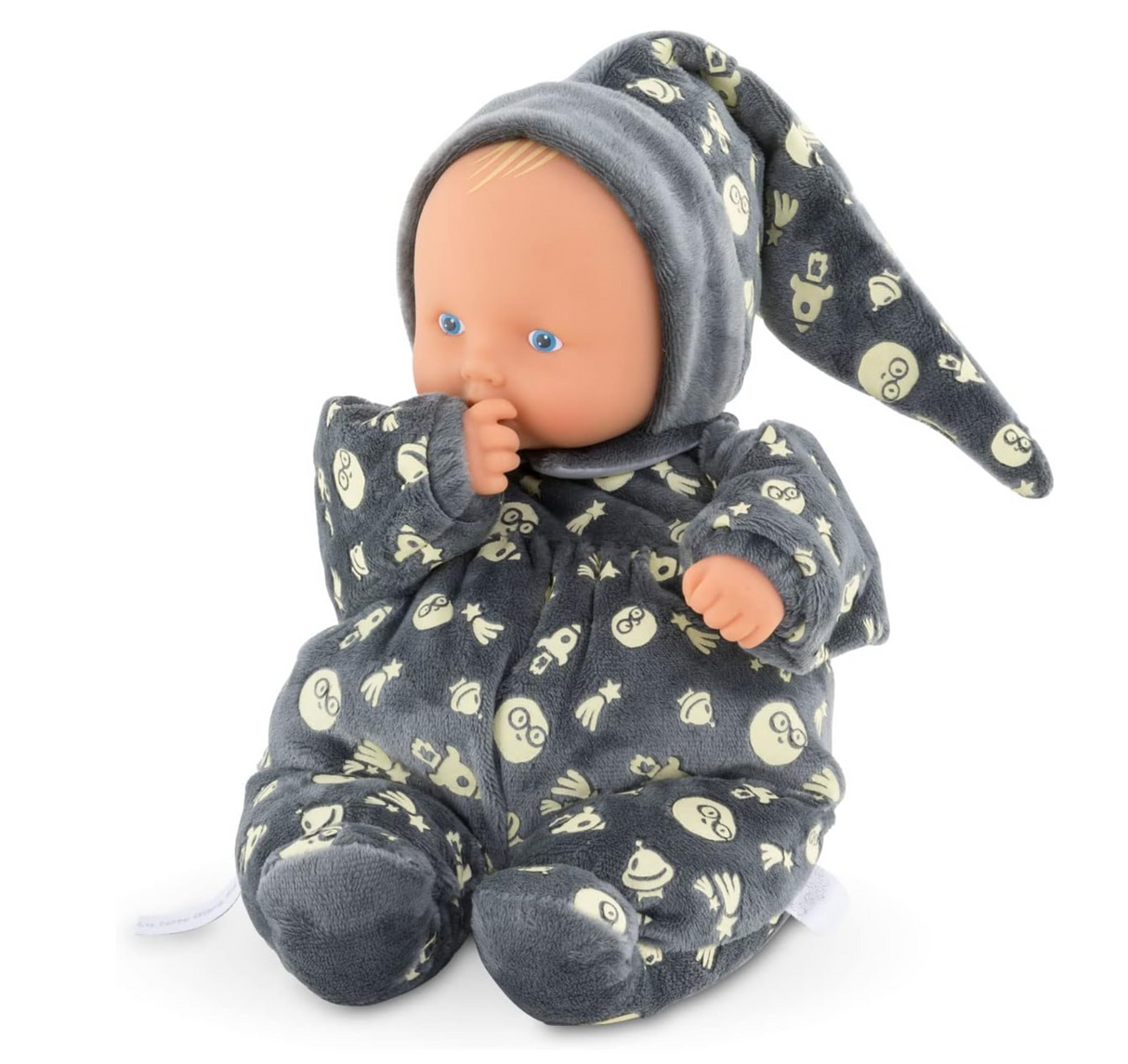 Babipouce Glow in the Dark doll in cozy outer space pajamas with a vanilla-scented, realistic vinyl face.