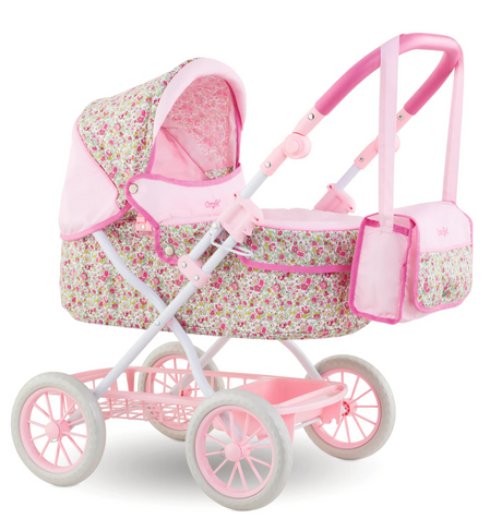 Doll Carriage Floral with pink floral design, adjustable handle, storage basket, and matching nursery bag for baby dolls.