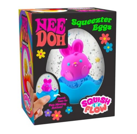 NeeDoh Squeezter Egg with pink bunny and confetti inside a squeezable egg-shaped toy in colorful packaging.