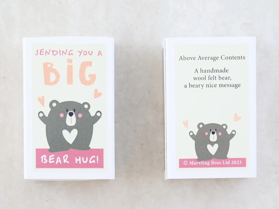 Big Bear Hug Matchbox showing closed decorated matchbox with cute bear illustration and heartfelt messages.