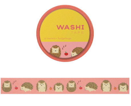 Washi Tape | Hedgehogs featuring charming hedgehog patterns on a 10-meter roll with 15 mm width.