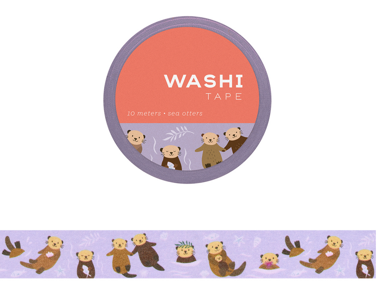 Washi Tape | Sea Otters featuring playful sea otters on a 10-meter roll with a 15 mm width for creative projects.