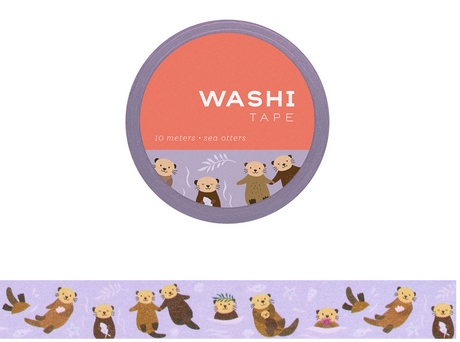 Washi Tape | Sea Otters featuring playful sea otters on a 10-meter roll with a 15 mm width for creative projects.