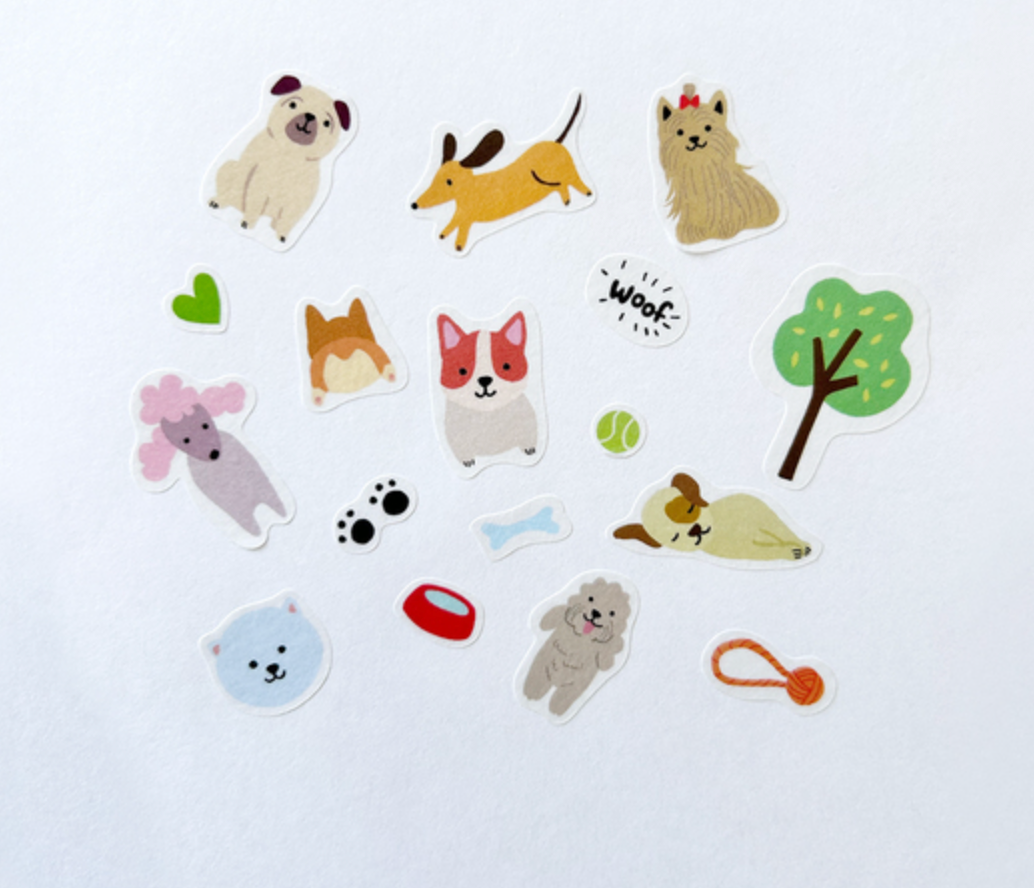 Jumble Washi Stickers | Dogs featuring cute dog illustrations and playful accessories on 3 sheets, perfect for gifting.